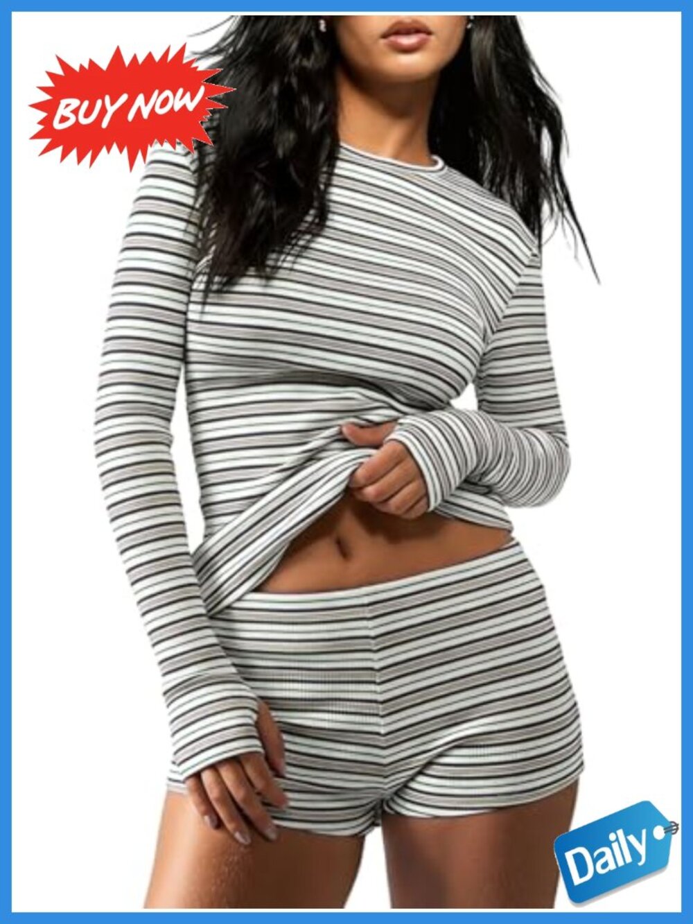 Women's Striped Lounge Set 2 Piece Short Set Long Sleeve Slim Fit